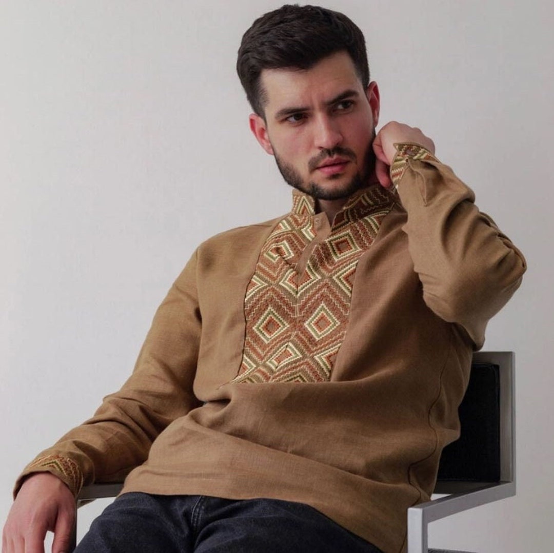 Brown Men's Linen Shirt Vyshyvanka in Boho Style, Medieval Shirt for Men, Embroidered Linen