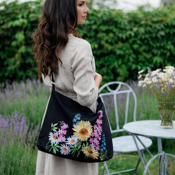 Large Crossbody Bag, Black Bag, Floral Embroidery, Canvas  display picture 1