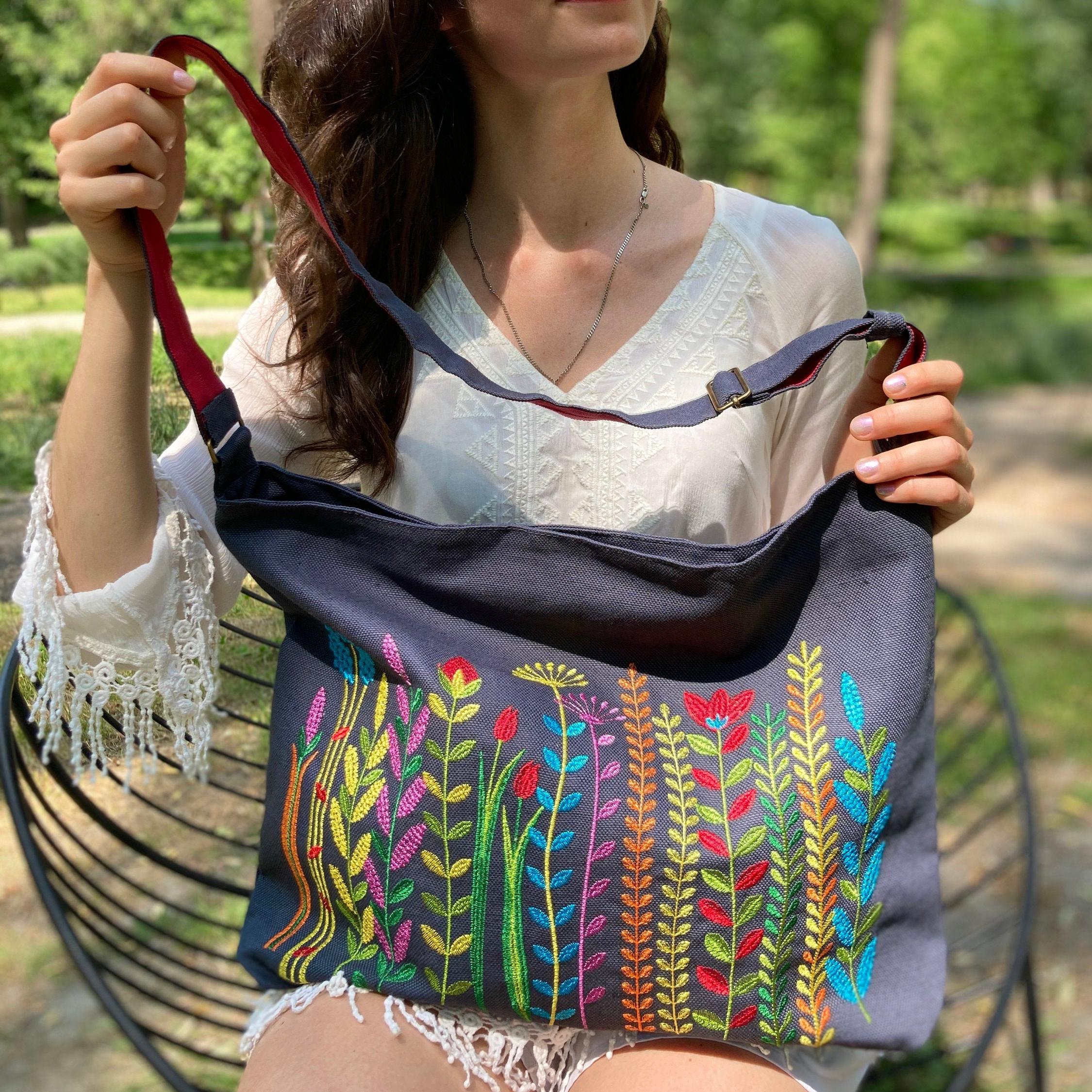 【COLOR iN ID】Cotton tassel hippie bag Boho Hippie Bag, Canvas Linen Bag With Zipper, Floral