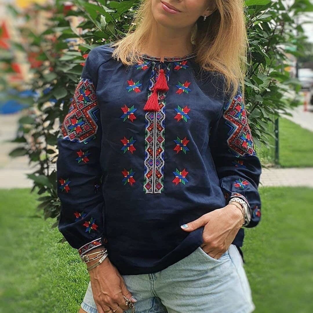 Embroidered Folk Blouse Vyshyvanka, Ukrainian Linen Blouse With Ethnic