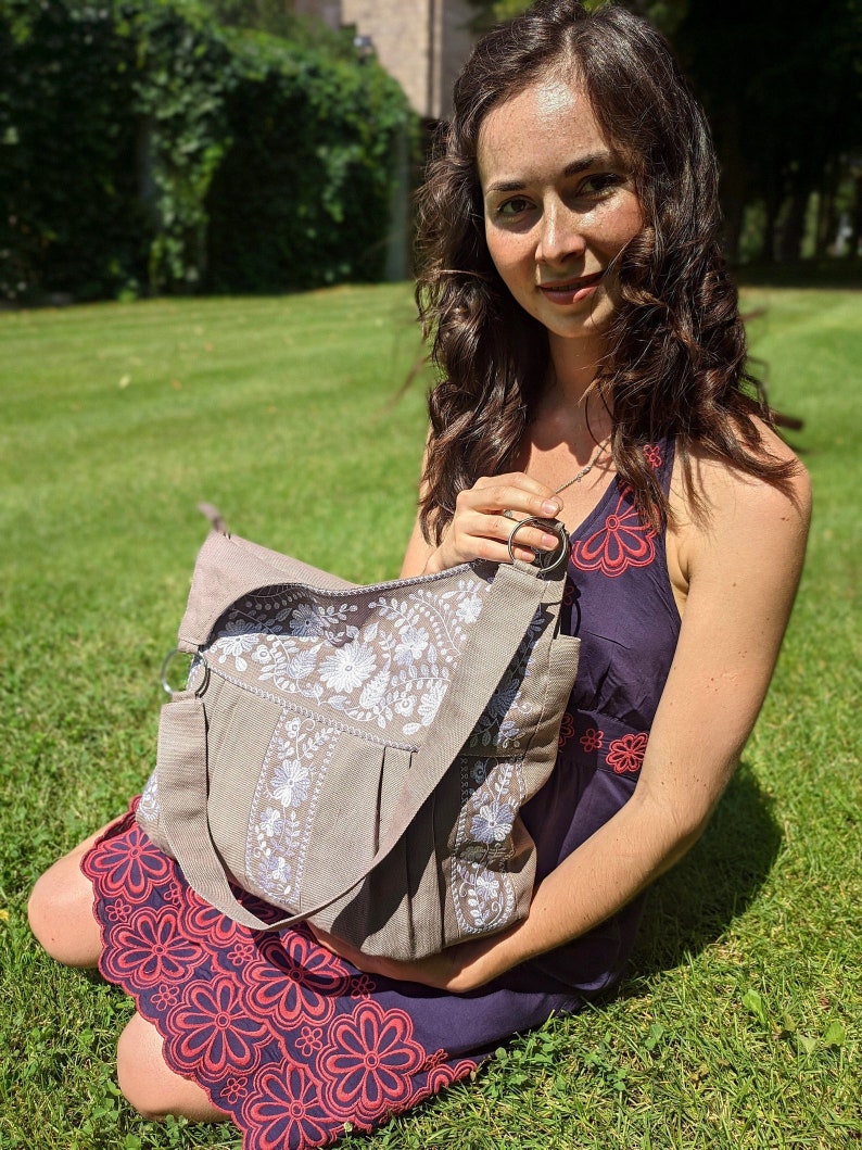 Large linen tote bag, Linen shoulder bag, Embroidered bag, Floral embroidery, Everyday tote bag, Linen hobo bag, Blue bag, Boho linen purse image 7