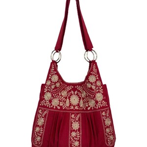 Embroidered hobo bag, Colorful tote bag, Oversize hippie shoulder bag, Floral embroidery, Blue linen bag, Embroidered purse, Gift for women Rojo