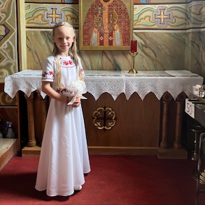 White first communion dress boho style, Girls maxi dress with floral embroidery, Embroidered dress, Birthday girl dress,