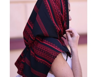 Black and red folk hooded veil, Folk head covering, Traditional embroidered head covering, Ethnic shawl hood, Slavic scarf veil for head