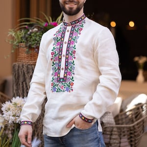 Men&#39;s ukrainian vyshyvanka, Floral embroidered linen shirt, Beige men shirt for summer, Organic ukrainian Vyshyvanka,Cross stitch embroidery