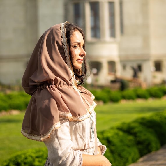 Brown Lace Church Veil for Mass, Hooded Mantilla Veil for Church