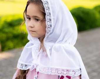 White girls church veil, Lace veil for communion, Hooded mantilla veil for little girls, First communion veil, Kids head covering for mass