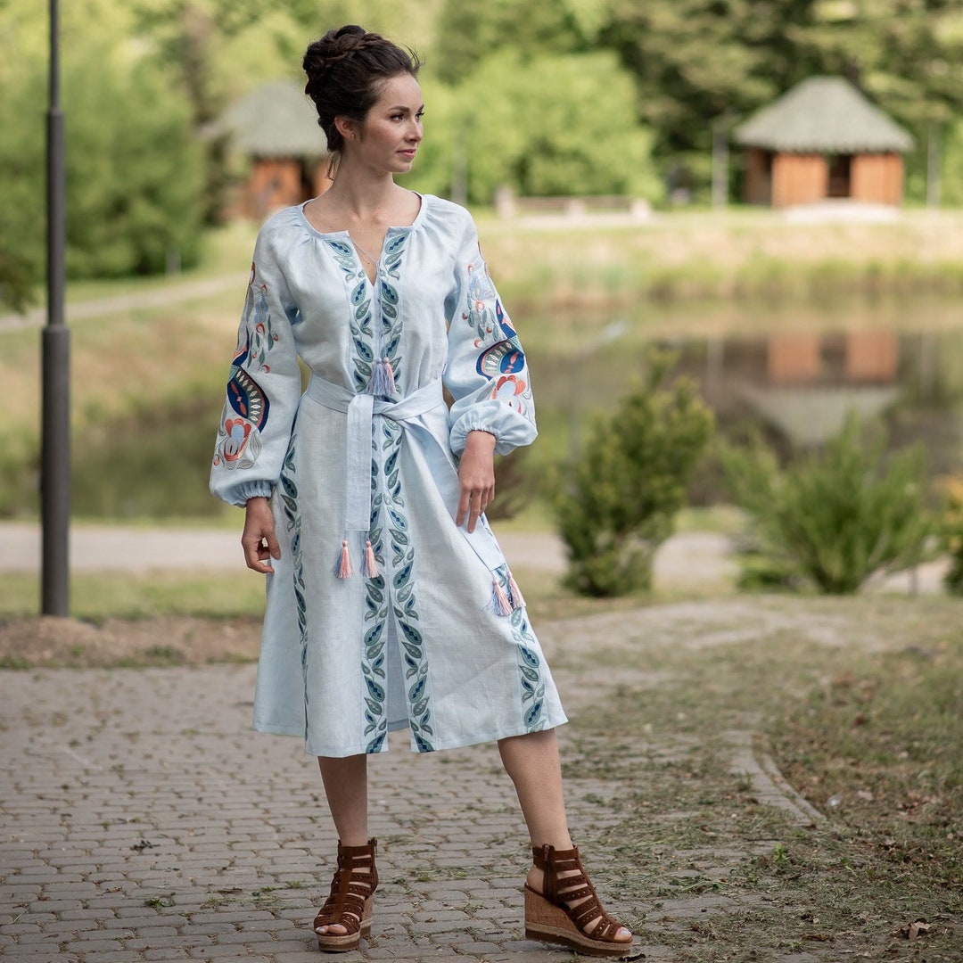 Cottagecore Linen Dress, Midi Wedding Guest Dress, Slavic Folk Dress ...