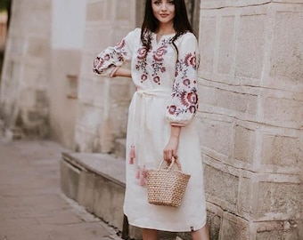 Ivory boho midi dress, Floral summer dress, Embroidered linen dress, Ukrainian Vyshyvanka dress with belt, Wedding guest dress