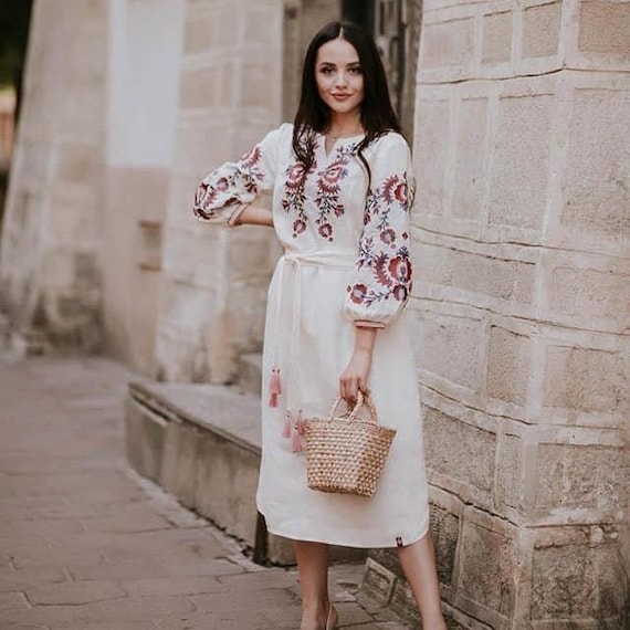 white midi dress with embroidered flowers Suzette White Floral Embroidered Midi Dress Frock and Frill