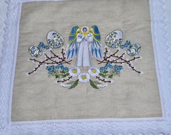 Easter table decor, Angel Easter linen napkin, Embroidered Easter centerpiece, Easter embroidery on the Easter cloth, Orthodox easter napkin