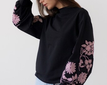 Floral embroidered sweatshirt, Christmas black sweatshirt, New year gift for mother, Flowers embroidery on sleeves, Boho style shirt