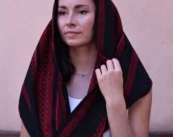 Black pagan veil, Church head covering, Folk infinity veil for women, Hooded scarf with red traditional woven geometric patterns