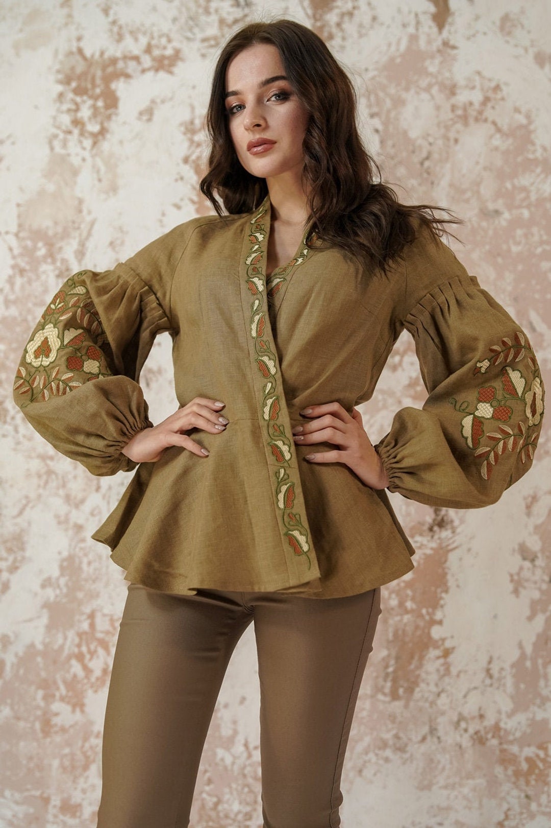 Retro Silky Garden Wrap Kimono Puff Sleeve Blouse - L