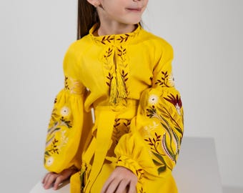 Girls slavic embroidered dress, Yellow vyshyvanka Dress, Ukrainian folk dress for girls, Floral boho linen dress, Eastern european outfit