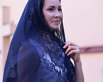 Blue orthodox triangle headscarf, Triangle floral headscarf, Church head covering for women, Floral lace Catholic scarf with delicate fringe