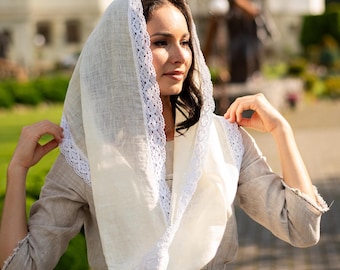 Orthodox head covering, Linen christian veil, Ivory Christian veil for Mass, Linen infinity chapel veil with white lace, Modest church veil