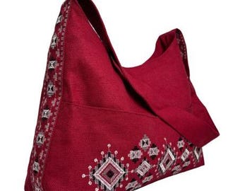 Embroidered woman's handbag, Fabric purse with zipper, Shoulder linen bag with folk ukrainian embroidery, Red bag, Anniversary gift for her