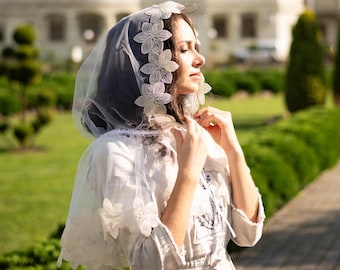Catholic chapel veil, Catholic mass veil, Floral lace head covering, Lace chapel veil mantilla, Catholic church veil with floral embroidery