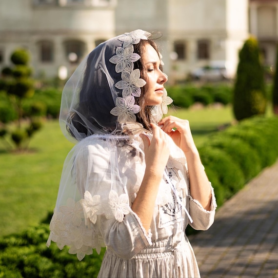 Catholic Chapel Veil, Catholic Mass Veil, Floral Lace Head  display picture 2