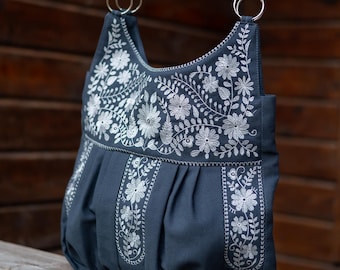 Embroidered shoulder bags for women, Gray embroidered purse, Floral large bag, Embroidered handbag, Floral tota bag, Flowers embroidery bag