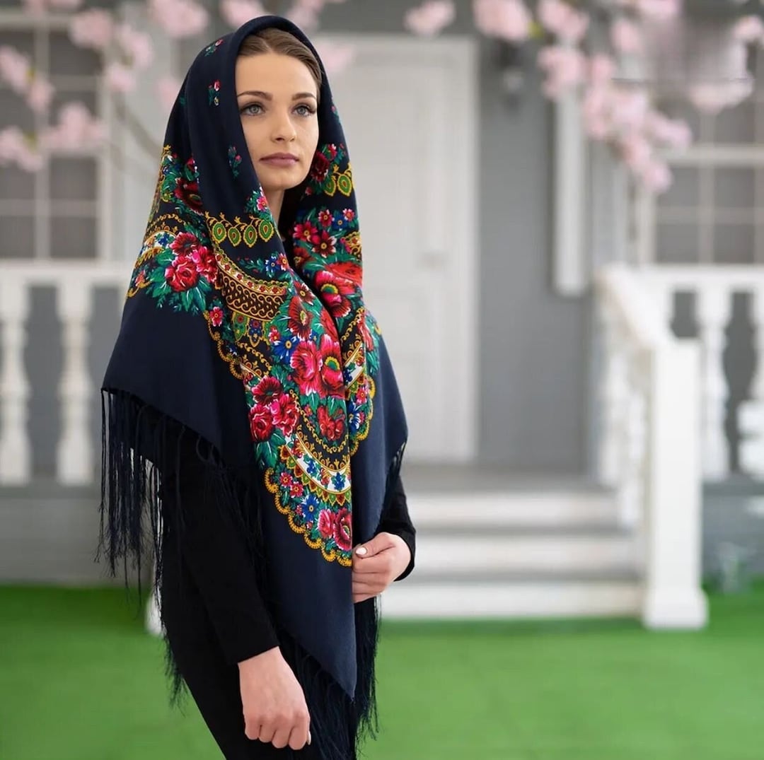 Ethnic Shawl, Navy Folk Scarf, Made in Ukraine, Dark Blue Ukrainian