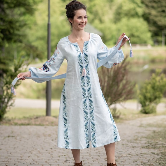 knee length dresses for ladies Jaylin Linen Blue and White Long Sleeve Dress 4T main image 0
