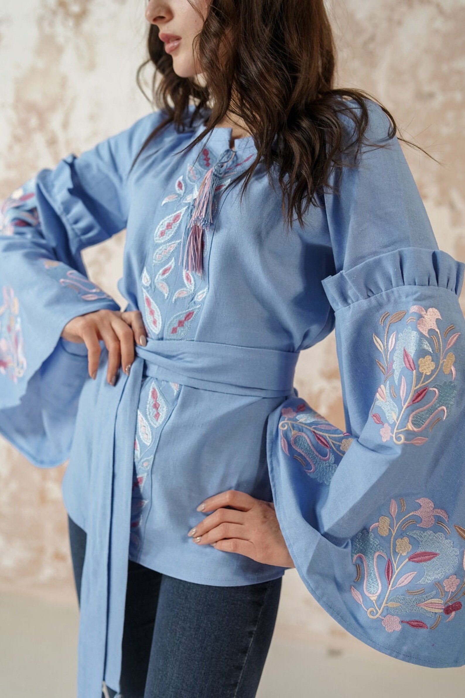 Floral Embroidered Linen Kimono Top Linen Blouse Bohemian Etsy