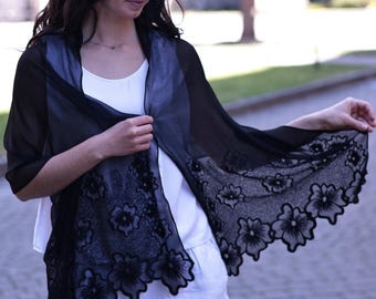 Black silk scarf with beaded floral embroidery, Elegant sheer evening Wrap, Embroidered floral shawl, Lightweight church scarf for women