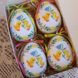 Easter hanging ornaments, Ukrainian Easter eggs, Ukrainian gift, Embroidered easter decoration, Set of 4 easter eggs,Cross stitch embroidery