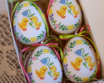Easter hanging ornaments, Ukrainian Easter eggs, Ukrainian gift, Embroidered easter decoration, Set of 4 easter eggs,Cross stitch embroidery