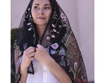 Black catholic head scarf with floral embroidery, Traditional catholic Mass head covering, Black embroidered chapel veil, Church scarf