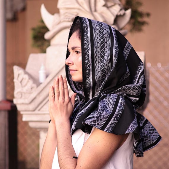 Black Medieval Head Covering With White Stripes, Hooded Orthodox