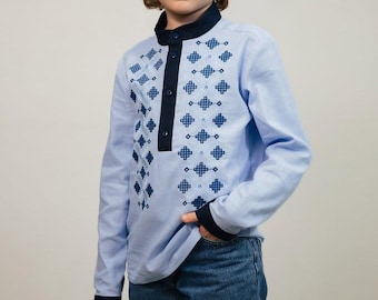 Blue embroidered boy's shirt, Traditional vyshyvanka with geometric pattern, Boys ukrainian embroidered shirt, Long sleeve linen-cotton top