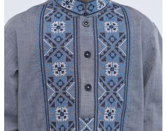 Ukrainian embroidered shirt for boy, Blue linen shirt, Long sleeve slavic shirt with ukrainian embroidery, Ukrainian Vyshyvanka for kids