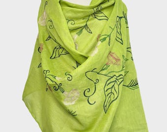 Embroidered linen wrap, Green linen scarf for women, Linen embroidered shawl, Floral embroidered scarf, Botanical shawl in boho style
