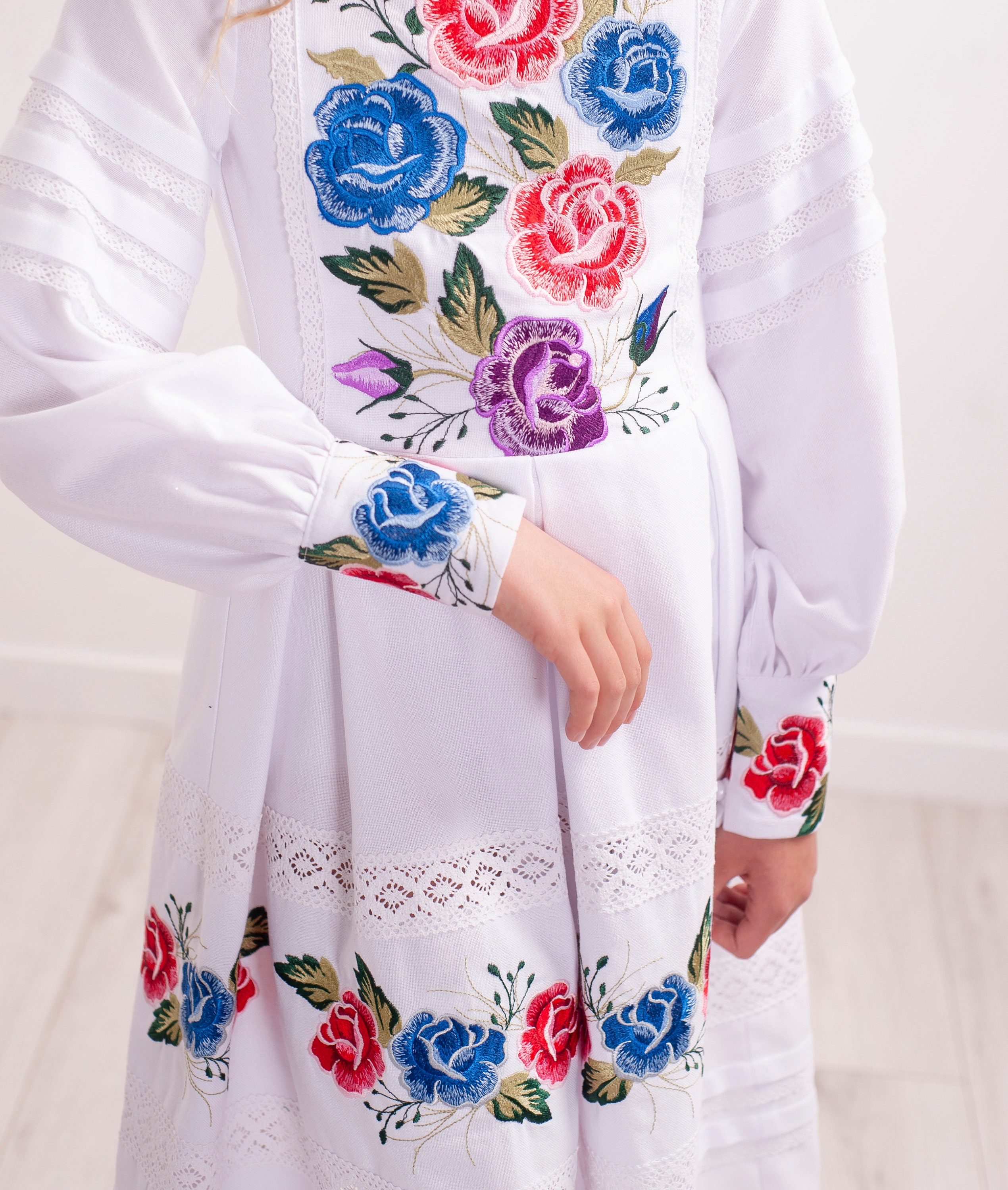 First holy communion dress, Ukrainian dress for girl, Kids Vyshyvanka, Flower dress for girl, Embroidered long sleeve dress with lace decor
