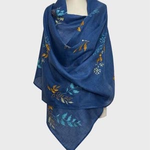 Blue embroidered shawl for women, Blue linen scarf, Bridesmaid embroidered wrap, Bridal shawl, Anniversary gift, Blue linen shawl for summer