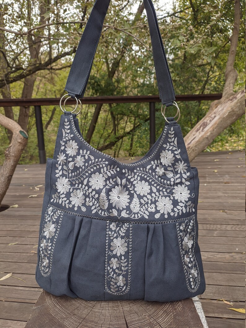 Large linen tote bag, Linen shoulder bag, Embroidered bag, Floral embroidery, Everyday tote bag, Linen hobo bag, Blue bag, Boho linen purse image 6