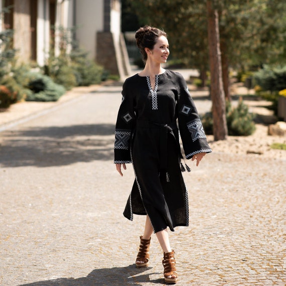 Black linen long kaftan dress with embroidery, Embroidered dress, Ukrainian Vyshyvanka, Wedding guest outfit, Boho summer dress