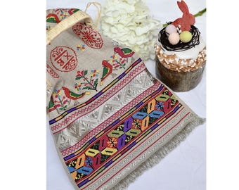 Embroidered Easter basket cover with folk embroidery, Slavic Easter towel for Easter basket or home decor, Beige linen Easter napkin