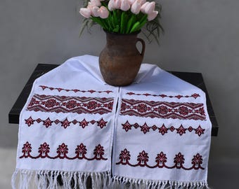 Traditional rushnyk, Handmade ukrainian embroidered wedding towel with red and black geometric design, Slavic ritual textile, Wedding gift