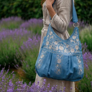 Women large purse, Boho shoulder bag, Extra large tote bag with floral embroidery, Embroidered purses and bags, Work bag for women, Gift bag Blue+white pattern
