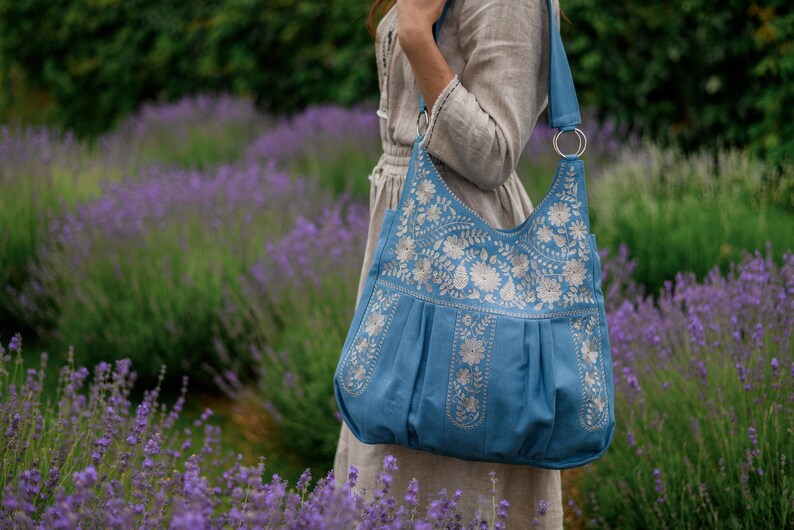 Women large purse, Boho shoulder bag, Extra large tote bag with floral embroidery, Embroidered purses and bags, Work bag for women, Gift bag Blue+white pattern