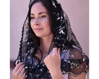 Black embroidered infinity chapel veil for mass, Floral chapel veil for church, Spanish veil mantilla, Women's veil for Lenten Mass