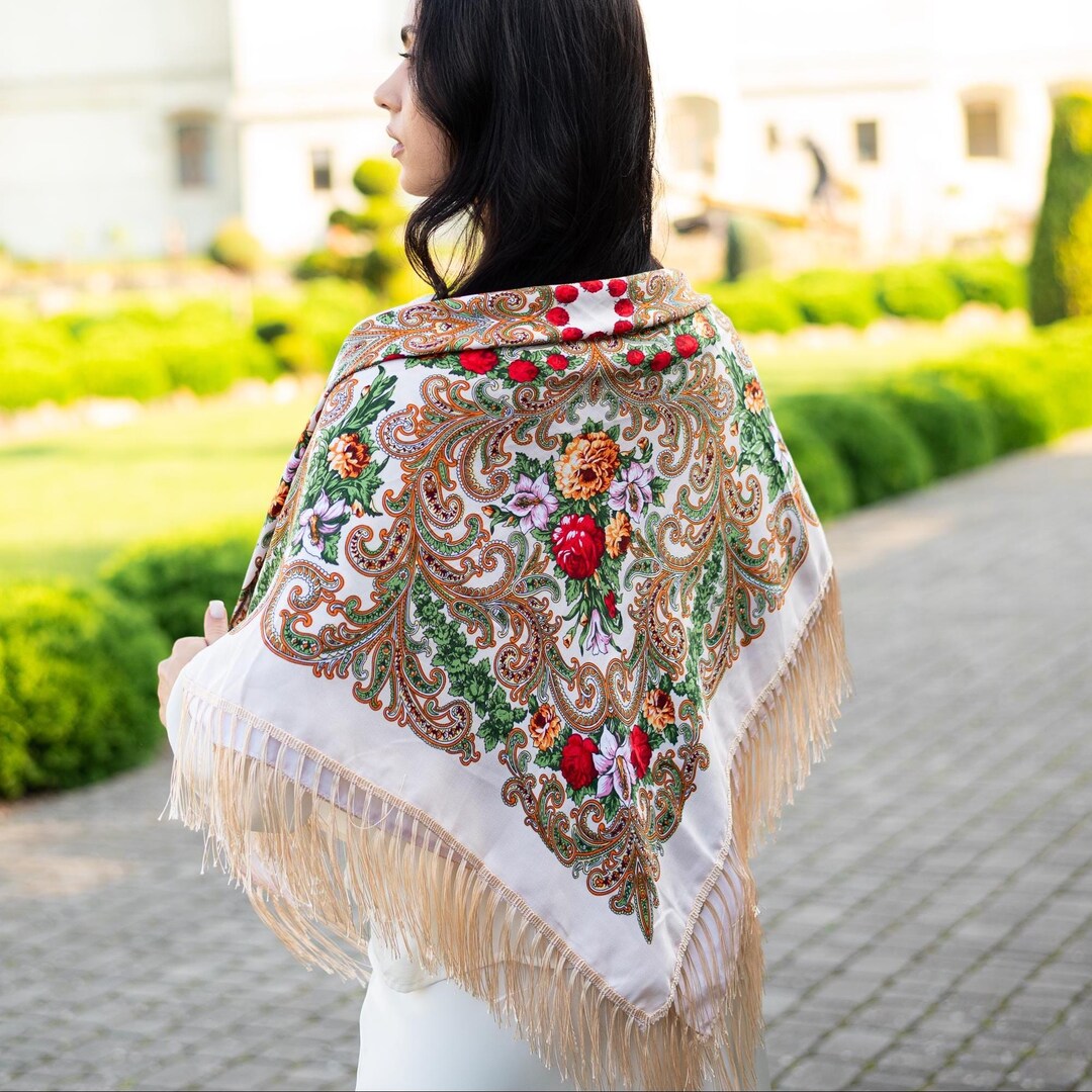 Beige Vintage Shawl, Women's Wool Shawl, Slavic Wool Shawl With Fringe ...