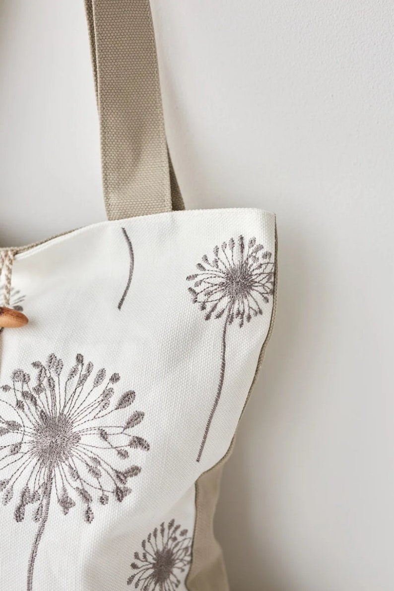 Dandelion bag, Large boho bag, Zippered tote bag, Embroidered totes, Linen shoulder bag, Eco friendly bag, Wildflower tote bag, Gift for mom image 4