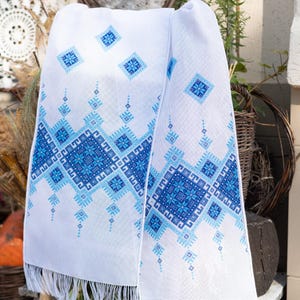 Rushnyk wedding towel with red cross stitch embroidery, Ritual traditional cloths, Embroidered rushnik for wedding ceremony, Table runner