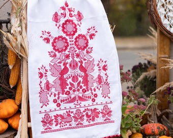 Embroidered rushnyk, Wedding Rushnyk, Red Rushnyk, Tree of Life Symbol, Rustic home decor, Big Rushnyk, Ukrainian Rushnyk, Ukrainian towel