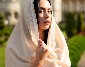 Beige linen infinity veil for mass, Catholic chapel veil with lace trim, Lightweight head covering for church, Infinity scarf mantilla
